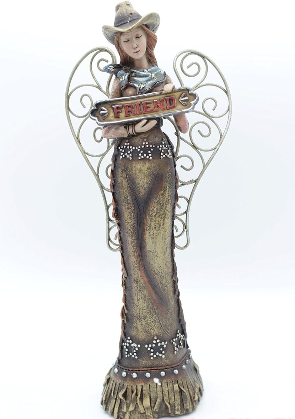 NIB Western Cowgirl Angel w 'Friend' Sign Figurine Statue Hand Painted Rustic